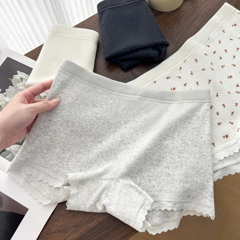 3PCS Sexy Thin Underwear Women's Panties Soft Boxer Pants Comfortable Mid Waist Breathable Lace No Trace Intimates